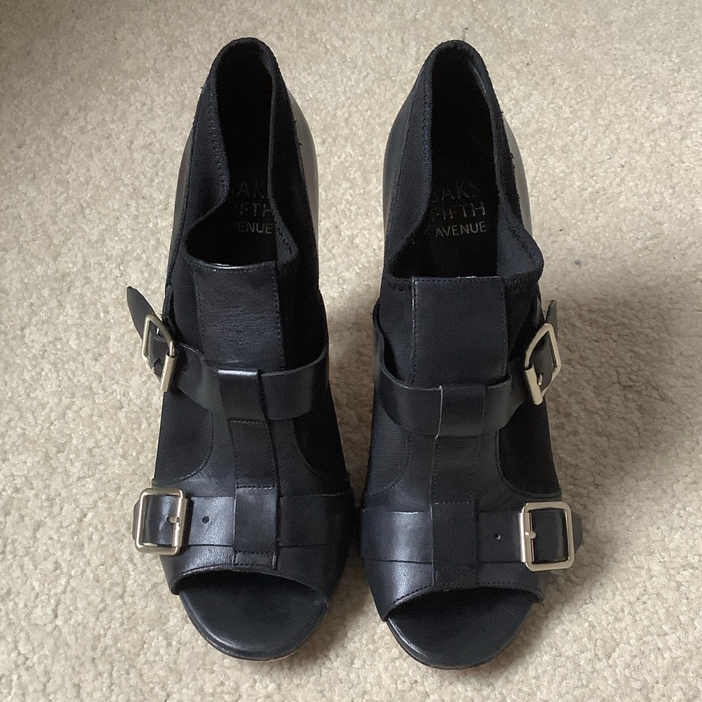 Saks Fifth Avenue open toe Black Heeled Boots with Buckle Detail